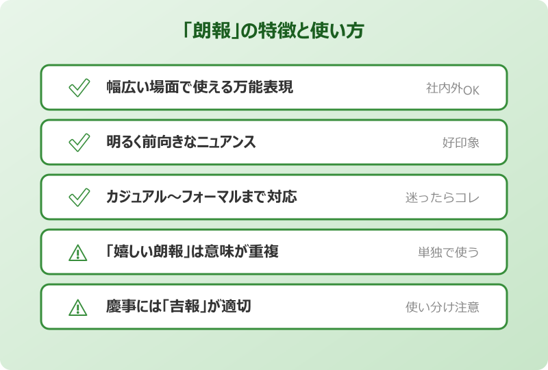 いい報告 「朗報」は広く使える定番の言い換え いい報告 「朗報」は広く使える定番の言い換え