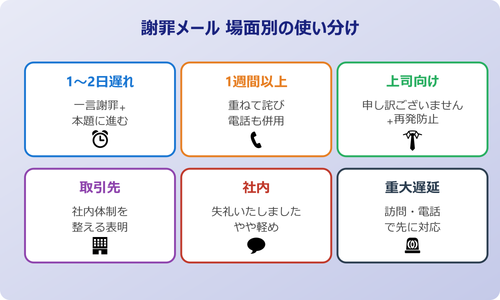 メール 遅れた 謝罪 例文 場面別の使い分け