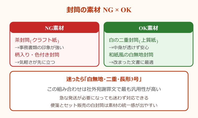 謝罪文の封筒 NG素材とOK素材の対比