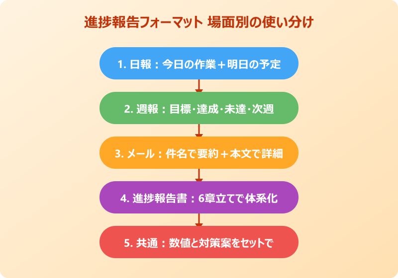 場面別の進捗報告フォーマット 使い分けフロー