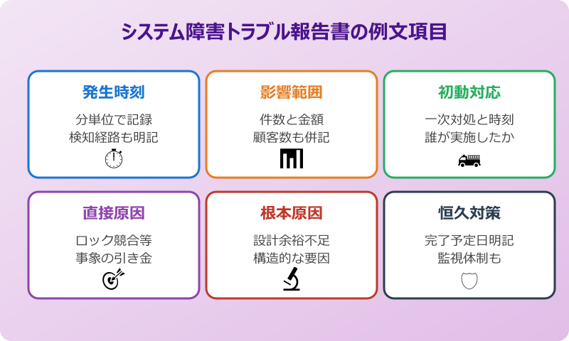 システム障害トラブル報告書の例文項目