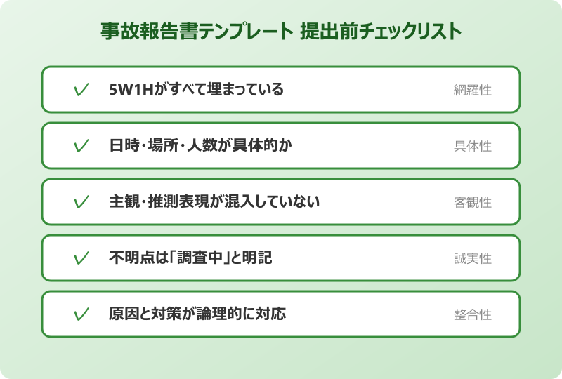事故報告書 テンプレート 提出前チェックリスト