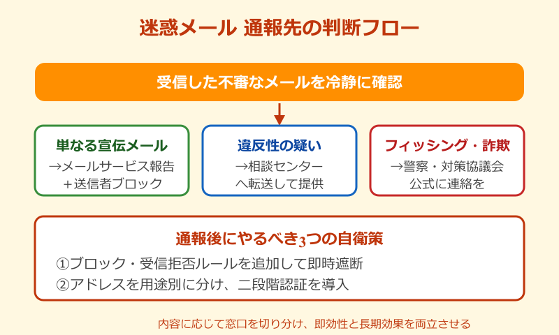迷惑メール 報告 意味ない 通報先と判断フロー