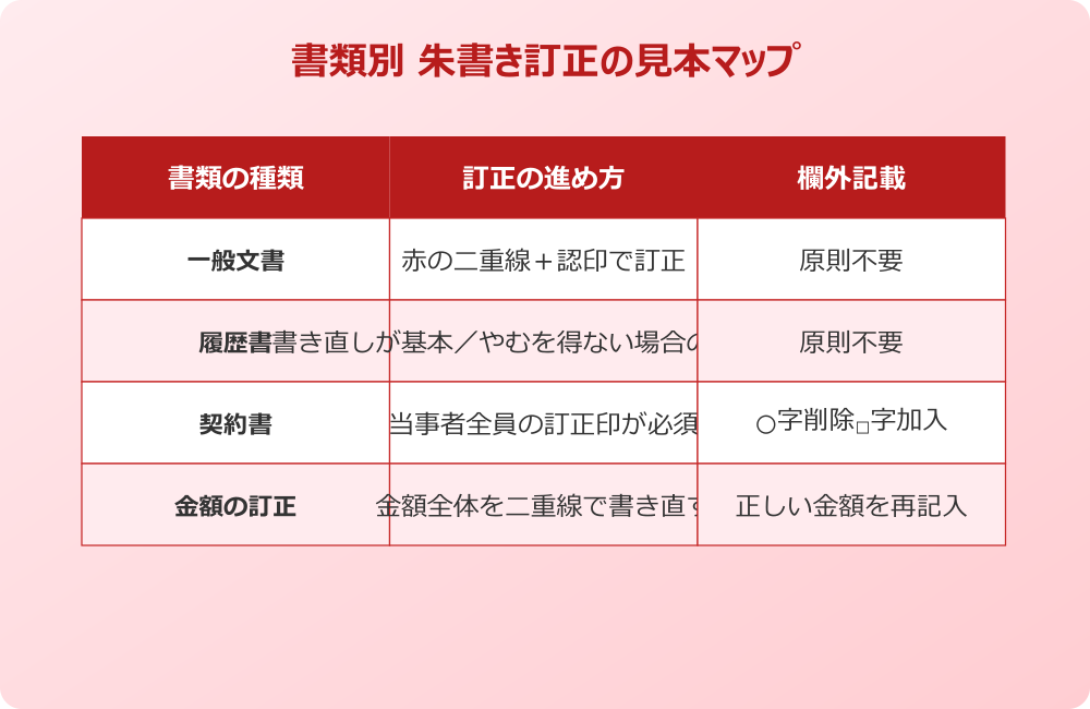 朱書き 訂正 見本 書類別の対応マップ