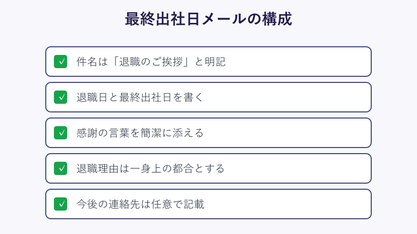 最終出社日メールの構成を示すチェックリスト