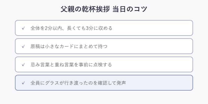 父親の乾杯挨拶当日のコツ一覧