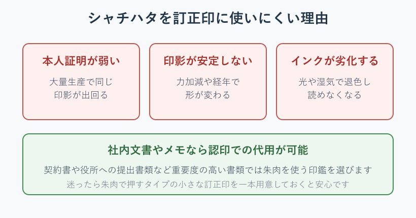 シャチハタが訂正印に向かない理由を並べた図解