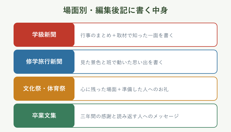 場面別に編集後記へ書く中身の一覧